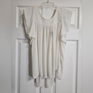 Cream Crochet Yoke Flutter Sleeve Blouse
